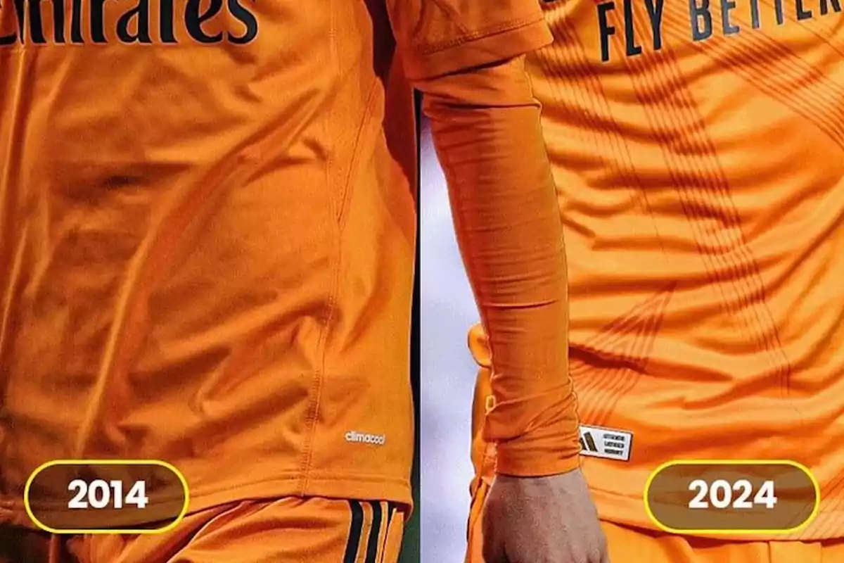 Comparación de camisetas de fútbol del mismo equipo en los años 2014 y 2024, ambas de color naranja con diferentes diseños y patrocinadores.