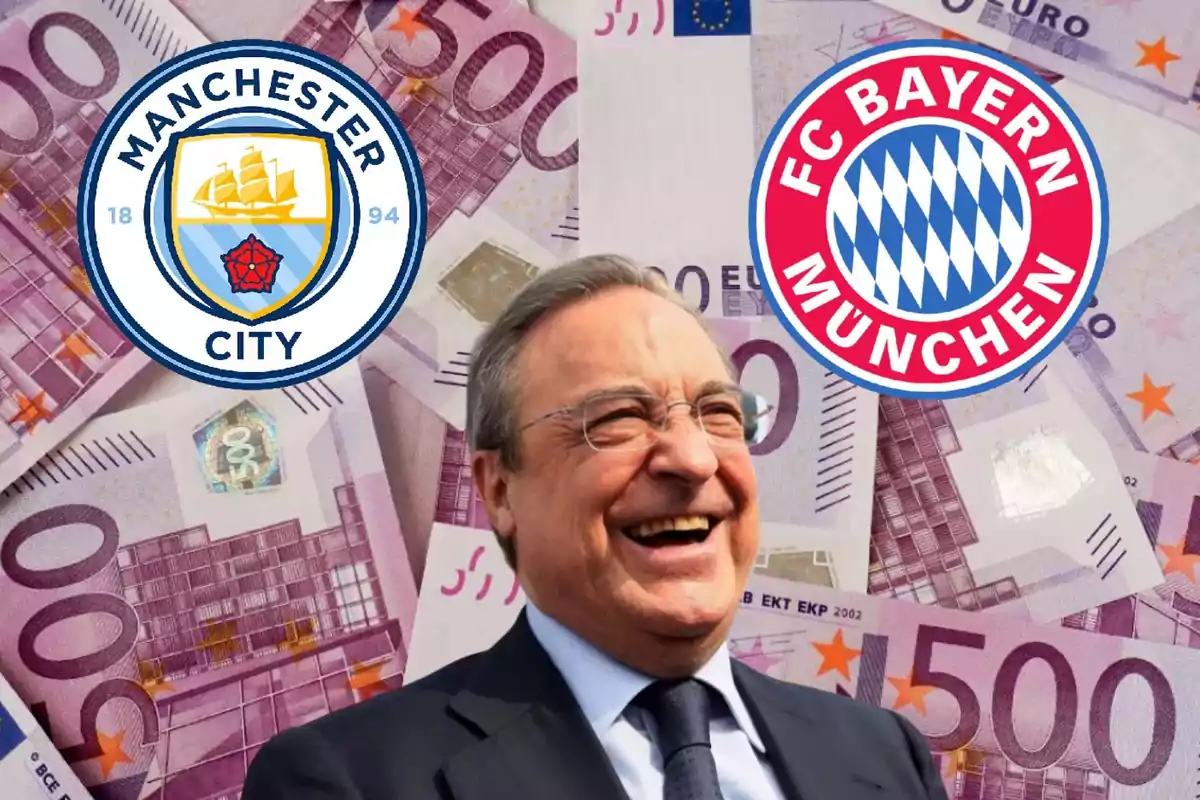 Un hombre sonriente con gafas y traje, con billetes de euro de fondo y los logotipos de Manchester City y FC Bayern Múnich.