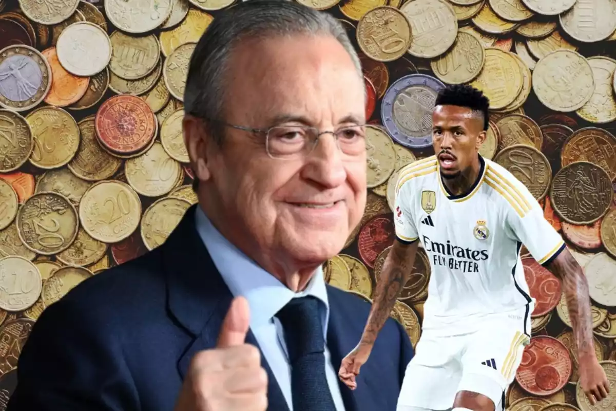 Florentino Pérez con el pulgar en alto y delante Eder Militao vestido con el equipación del Real Madrid, sobre un fondo de monedas de céntimos de euro