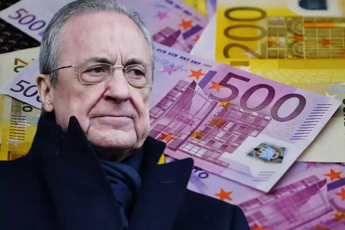 Florentino Pérez con abrigo negro y rostro serio y de fondo billetes de euro de 500 y 200 euros