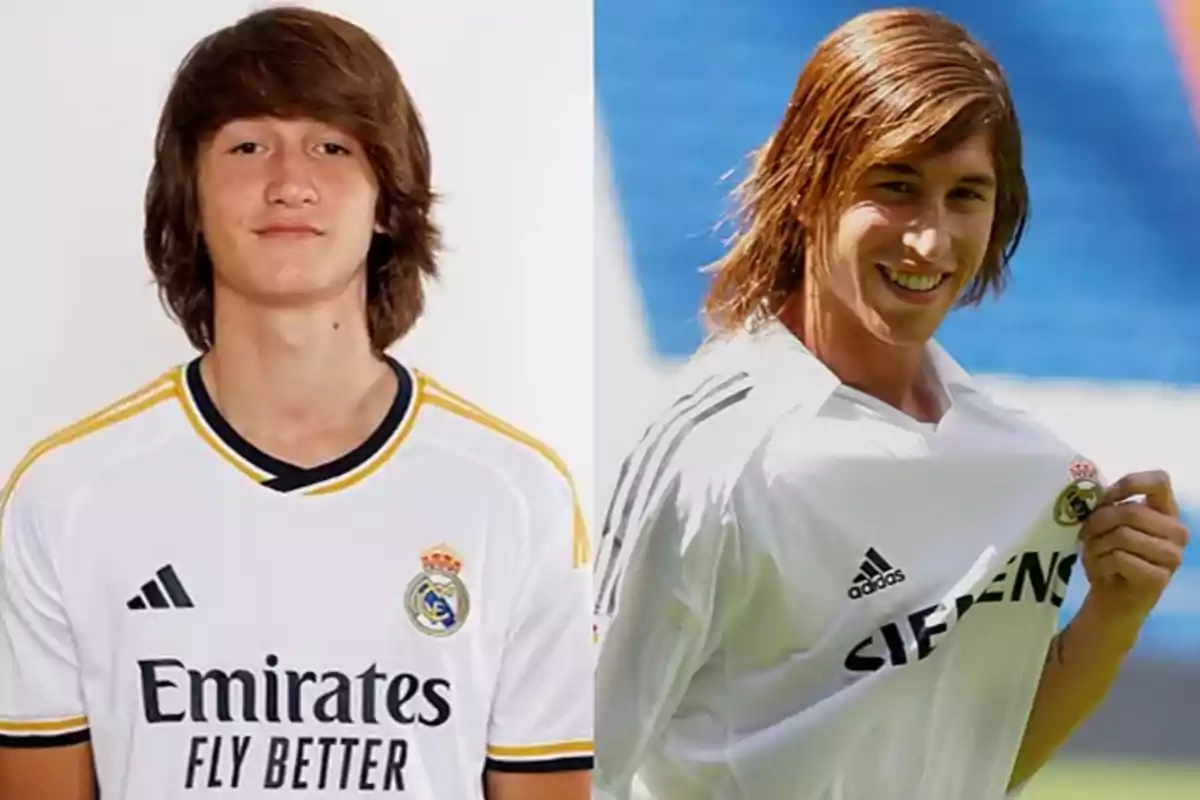 Dos jugadores de fútbol con camisetas del Real Madrid posan para la cámara, uno con la camiseta actual y el otro con una camiseta de una temporada anterior. Dos jugadores de fútbol con camisetas del Real Madrid posan para la cámara, uno con la camiseta actual y el otro con una camiseta de una temporada anterior.