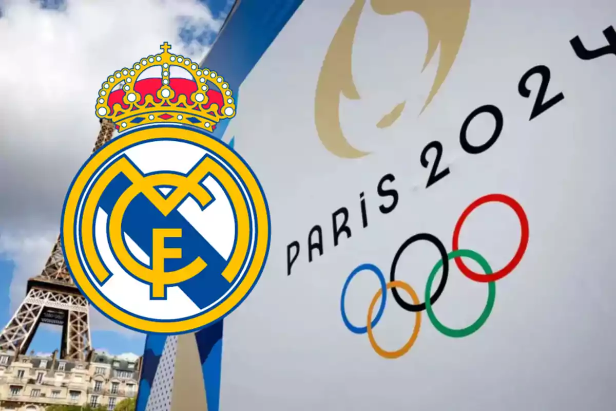 Logotipo del Real Madrid superpuesto sobre un cartel de los Juegos Olímpicos de París 2024 con la Torre Eiffel de fondo.