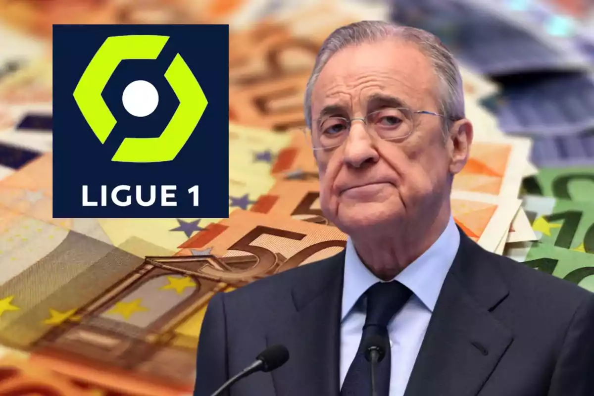 Un hombre mayor con gafas y traje oscuro aparece frente a un fondo de billetes de euro junto al logotipo de la Ligue 1.