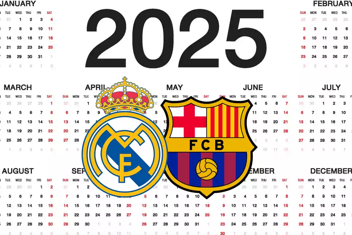 Calendario del año 2025 con los escudos de dos equipos de fútbol en el centro.