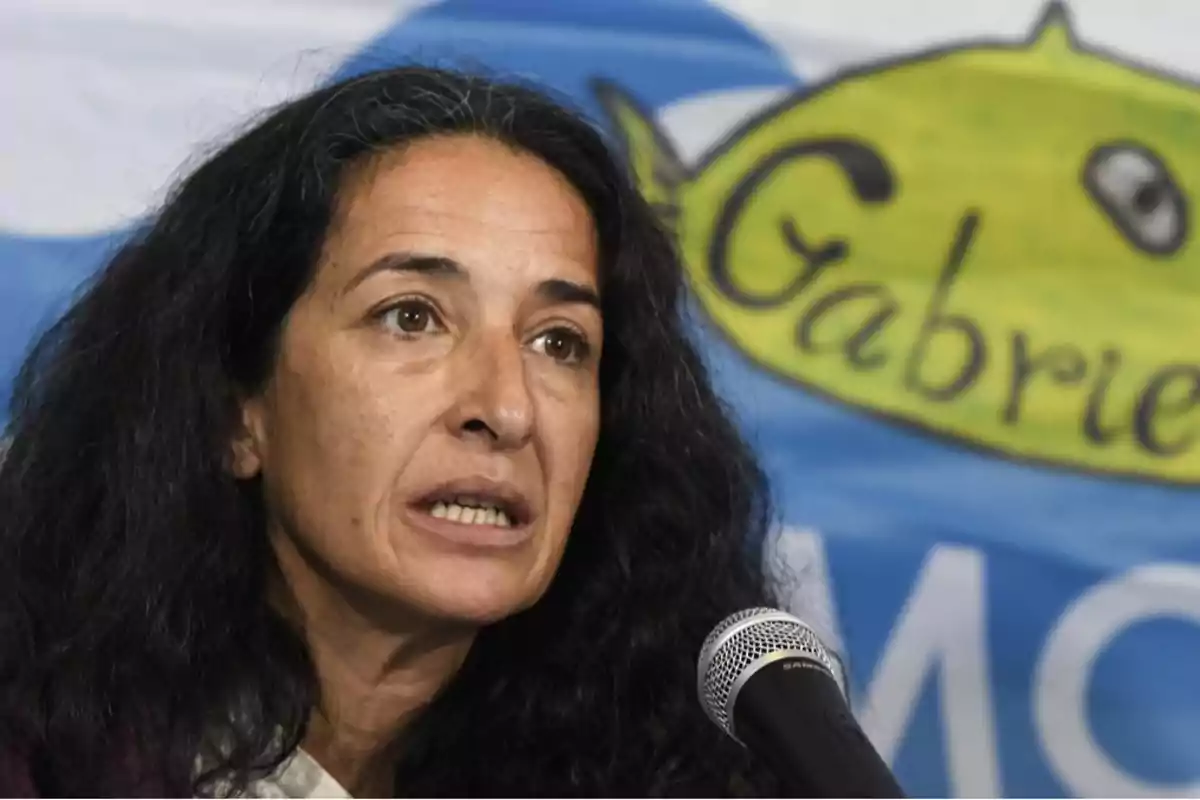 Una persona hablando frente a un micrófono con un cartel colorido de fondo. Una persona hablando frente a un micrófono con un cartel colorido de fondo.