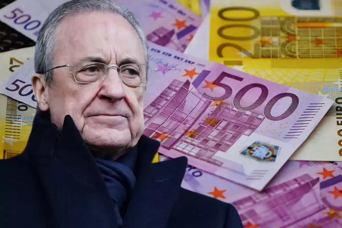 Un hombre mayor con gafas y abrigo oscuro frente a billetes de euro de diferentes denominaciones.