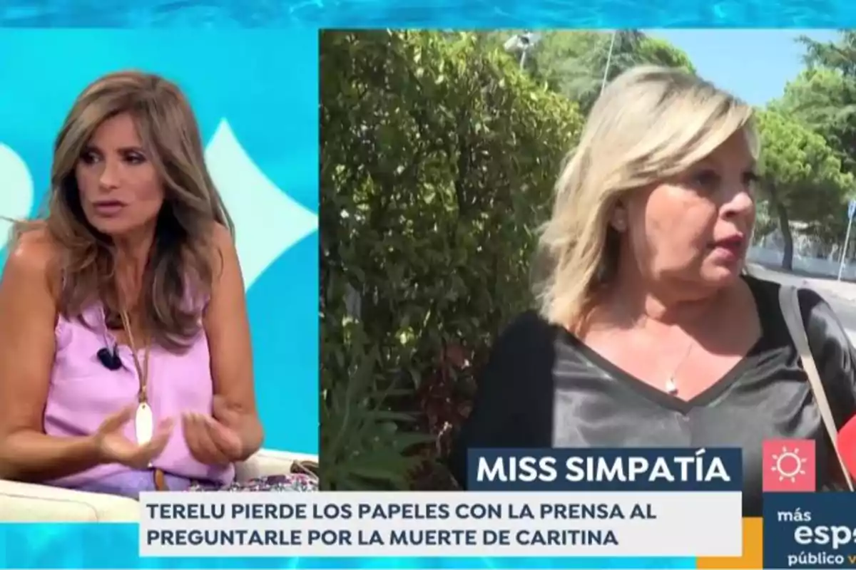 En la imagen se muestra a dos mujeres, una en un estudio de televisión y otra al aire libre, con el texto En la imagen se muestra a dos mujeres, una en un estudio de televisión y otra al aire libre, con el texto