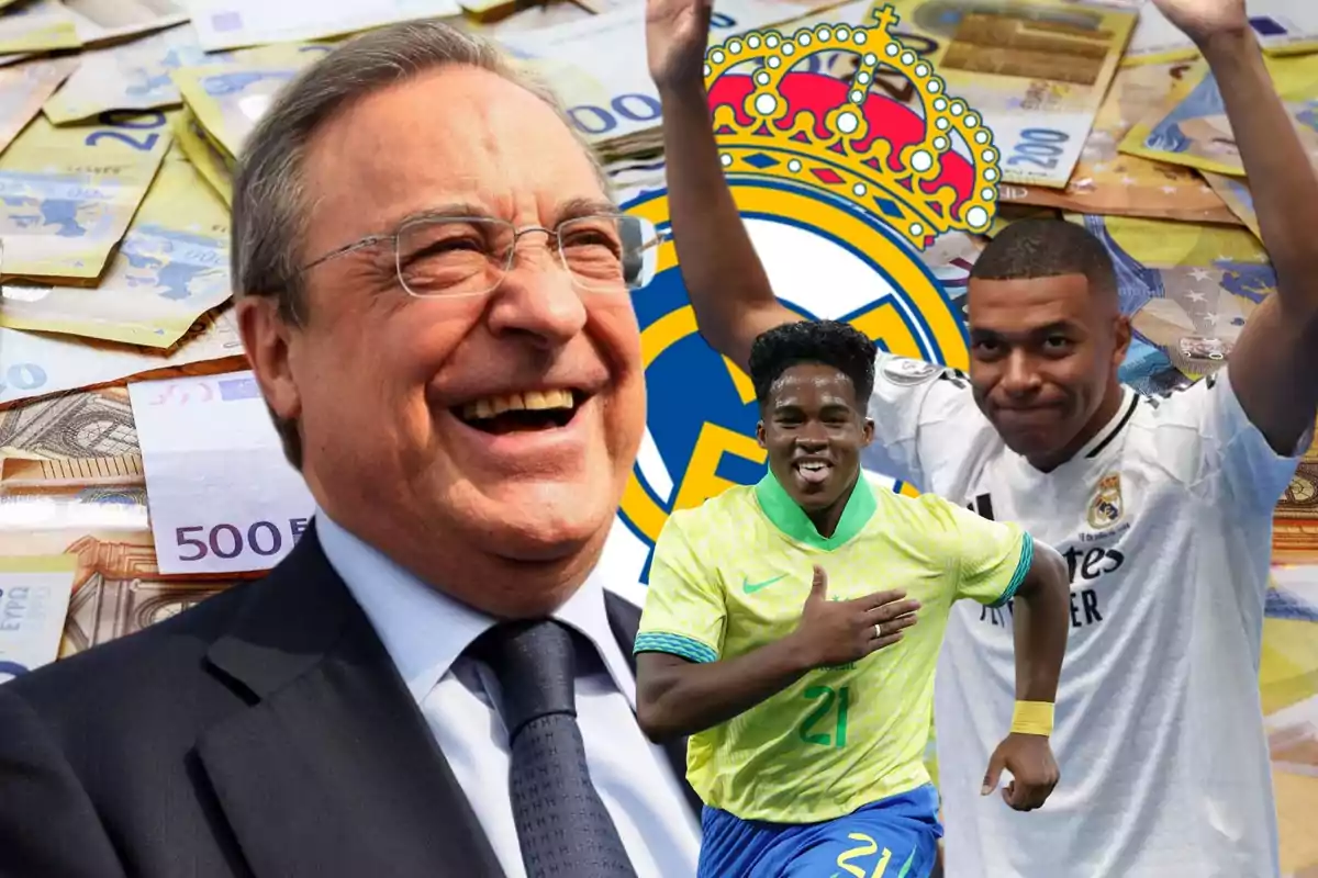 Un hombre mayor sonriente, un jugador de fútbol con uniforme amarillo y otro jugador con uniforme blanco, con billetes de euro y el escudo del Real Madrid de fondo.