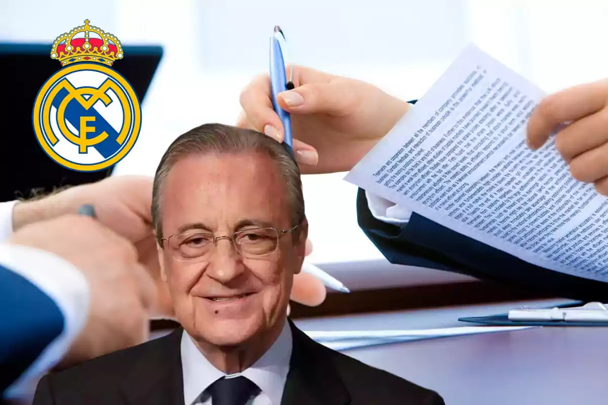 Persona sonriendo frente a un logo del Real Madrid y un contrato siendo firmado en el fondo.