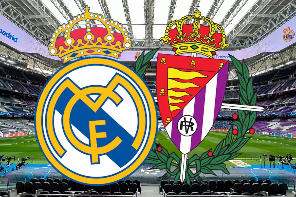 Logos de los equipos de fútbol Real Madrid y Real Valladolid superpuestos sobre la imagen de un estadio.