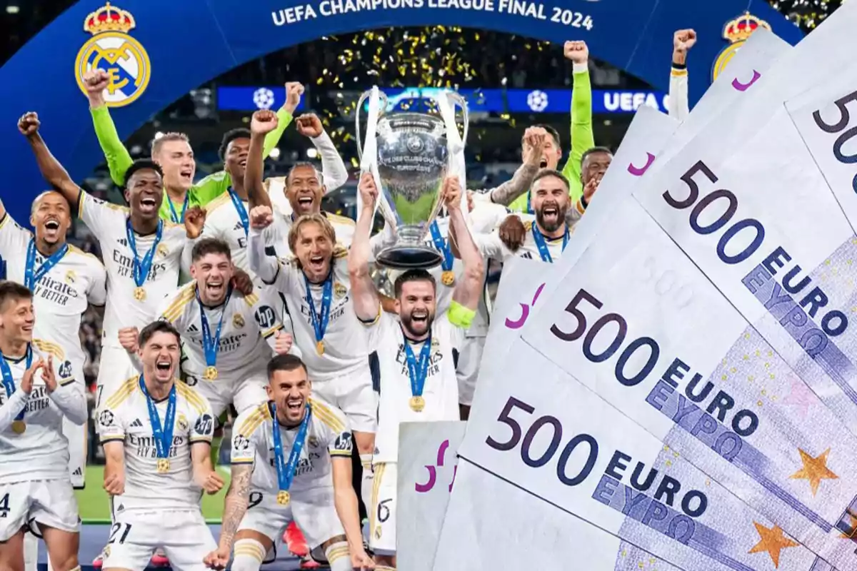 Jugadores de fútbol celebrando con el trofeo de la UEFA Champions League 2024 y billetes de 500 euros en primer plano.