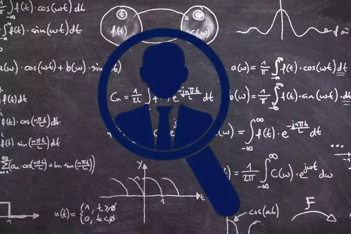 Una pizarra llena de fórmulas matemáticas con el icono de una lupa y la silueta de una persona en el centro.