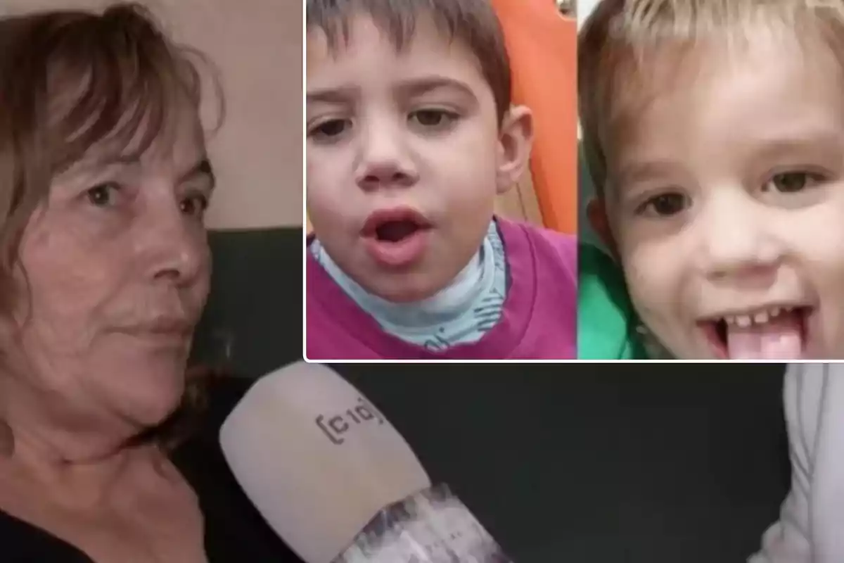 Una mujer mayor es entrevistada mientras sostiene un micrófono, y en un recuadro se ven dos niños pequeños.