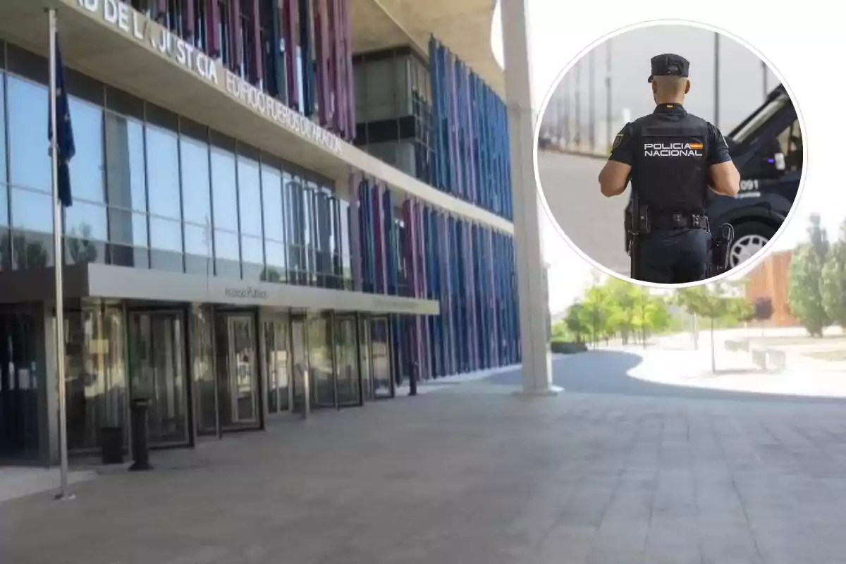 Edificio moderno con fachada de vidrio y detalles en colores, con un policía de espaldas en un recuadro circular.
