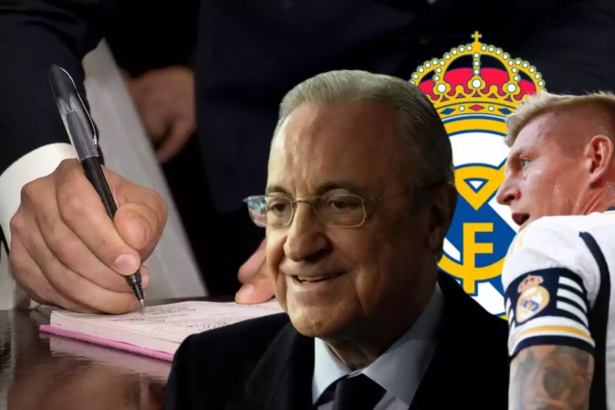 Un hombre firmando un documento, una persona mayor sonriendo y un jugador de fútbol con el escudo del Real Madrid de fondo.