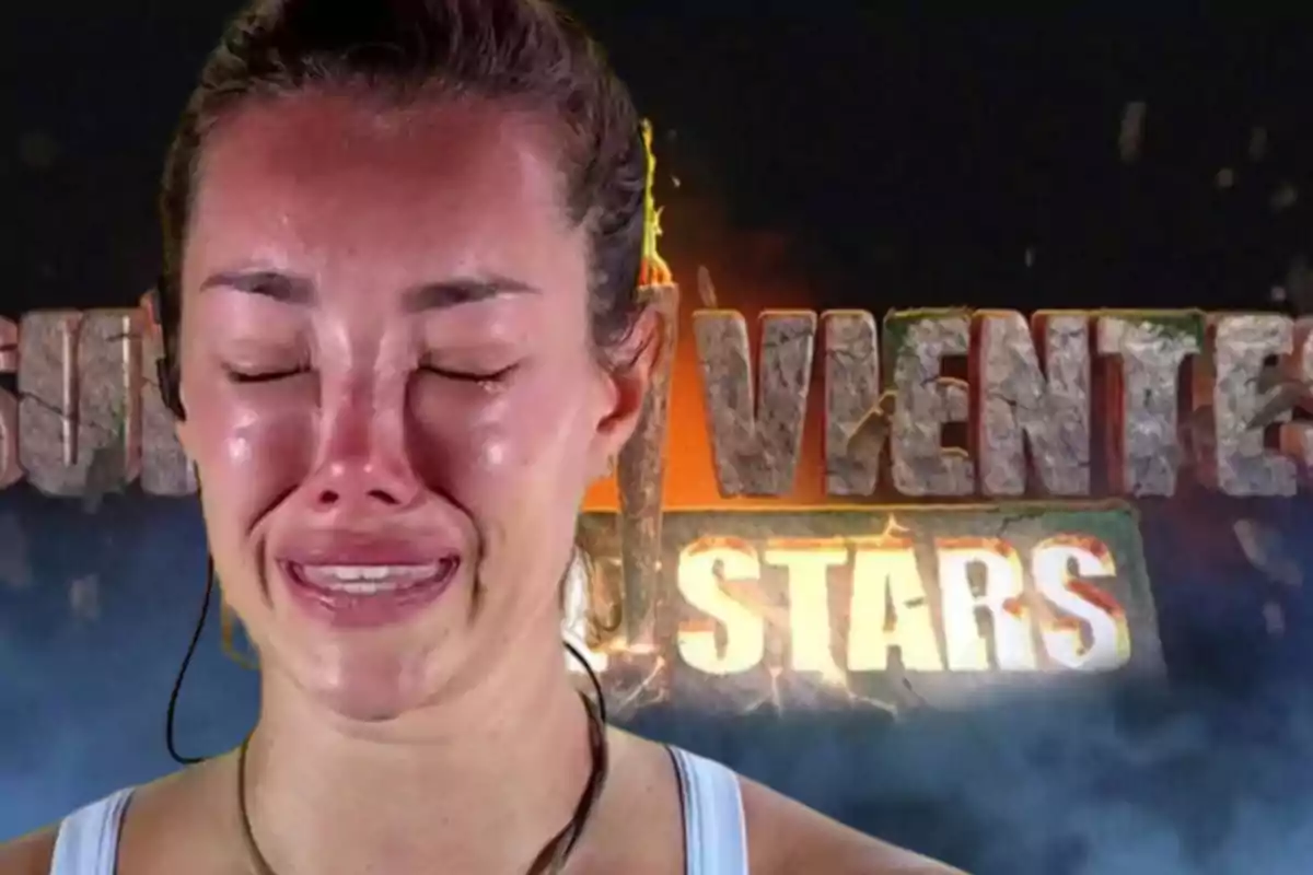 Una mujer llorando con los ojos cerrados frente a un cartel que dice "Supervivientes All Stars".