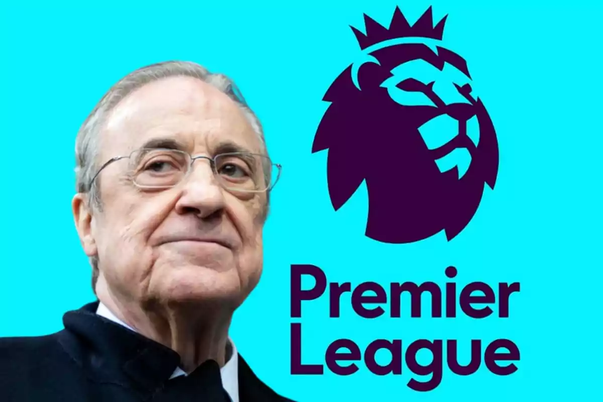 Hombre mayor con gafas junto al logo de la Premier League sobre un fondo azul.