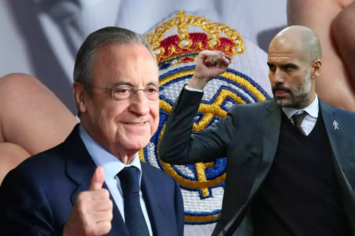 Florentino Pérez junto a Pep Guardiola y el escudo del Real Madrid