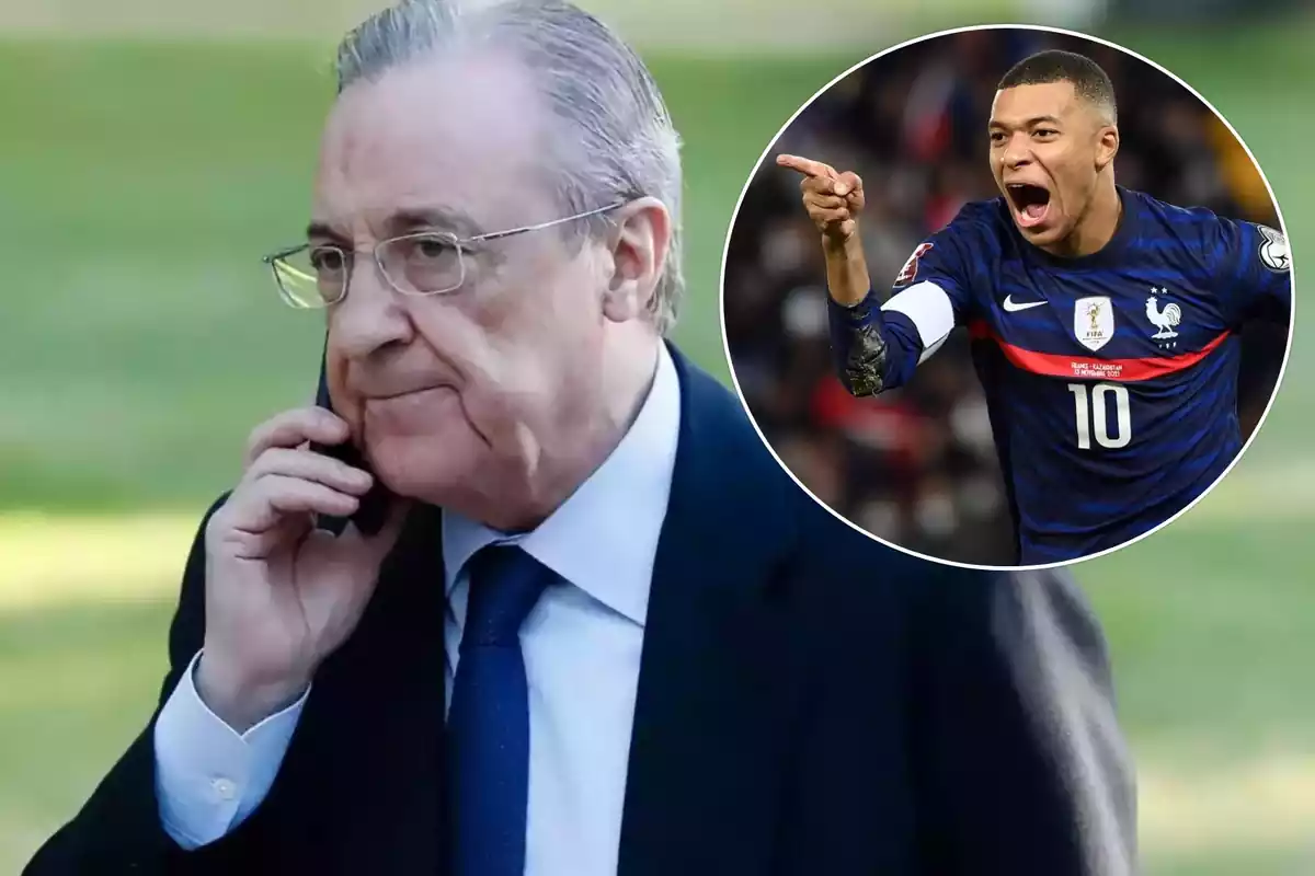 Florentino Pérez llamando por teléfono junto a una foto de Kylian Mbappé con la camiseta del PSG