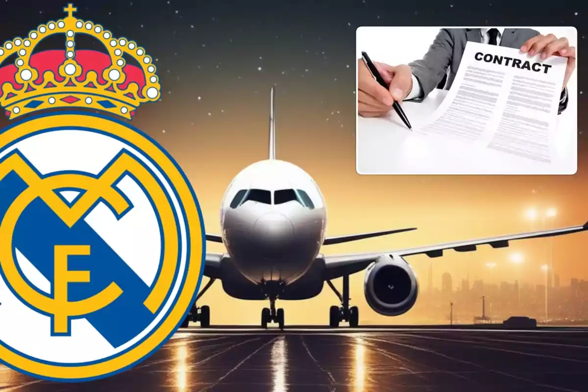 Un avión en una pista al atardecer con el escudo de un equipo de fútbol y una imagen de un contrato.