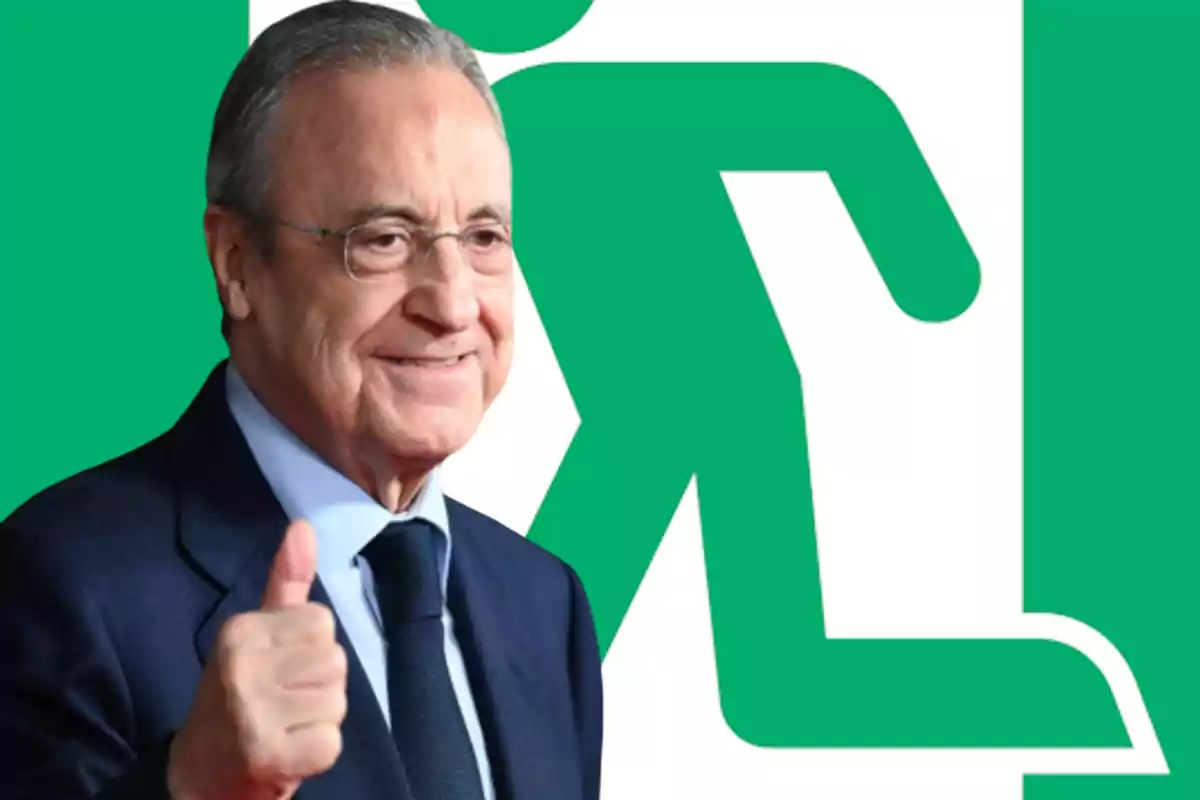 Florentino Pérez con el pulgar levantado frente a un cartel verde de salida de emergencia.