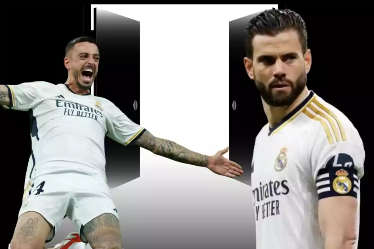 Dos jugadores de fútbol del Real Madrid con una puerta abierta de fondo.