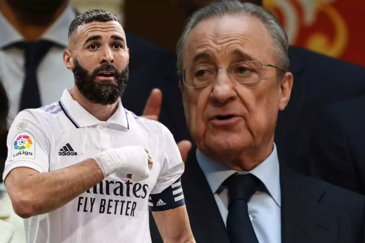 Karim Benzema con la camiseta del Real Madrid y de fondo Florentino Pérez con el dedo levantado en señal de advertencia