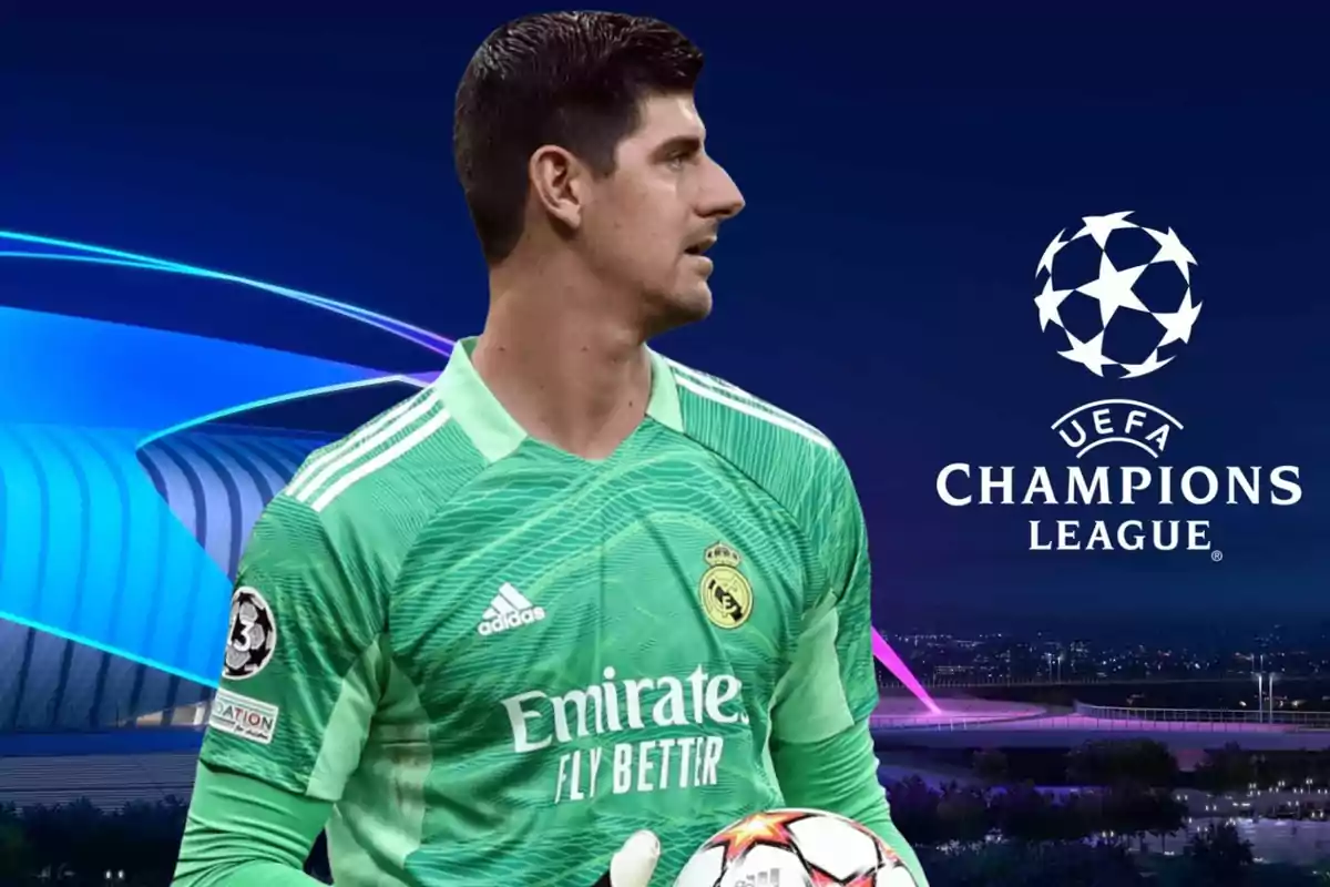 Portero del Real Madrid con uniforme verde en un fondo de la UEFA Champions League.