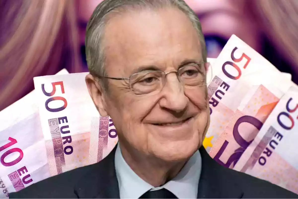 Florentino Pérez, con billetes de euro en el fondo.