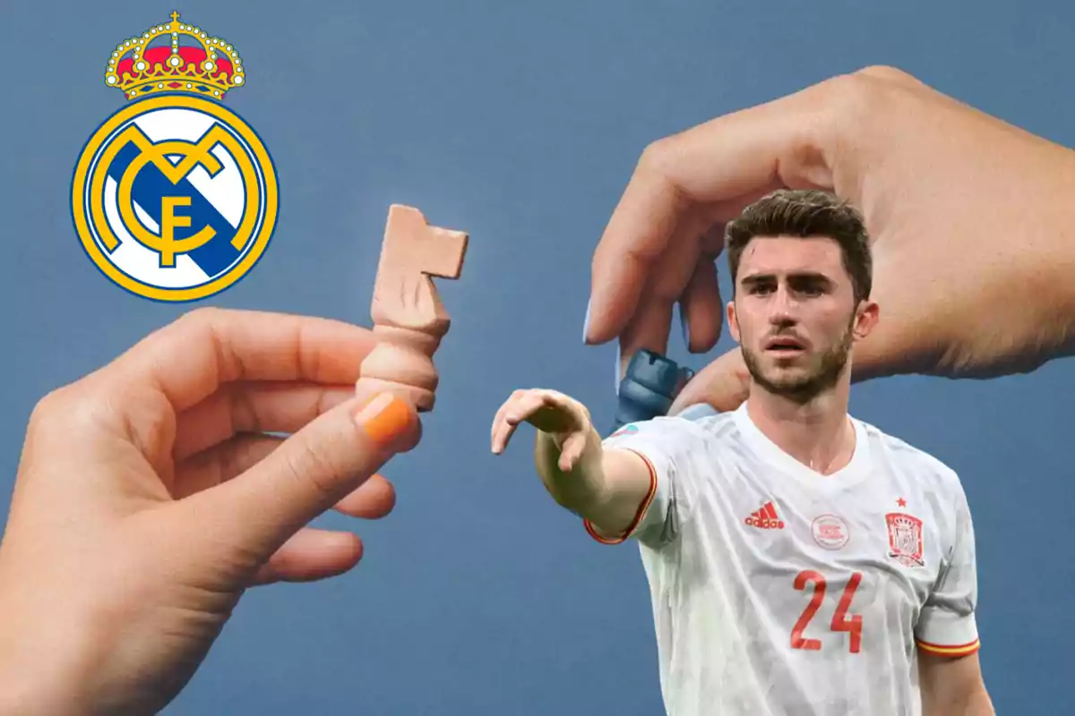 Una mano sosteniendo una pieza de ajedrez, otra mano sosteniendo una pieza de ajedrez, un jugador de fútbol con el uniforme de España y el logo del Real Madrid.