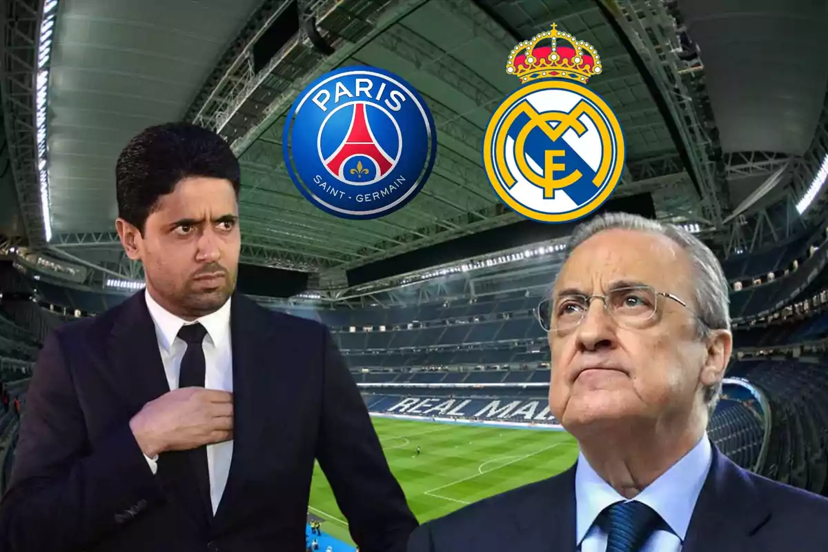 Dos hombres en traje en un estadio de fútbol con los logotipos del Paris Saint-Germain y el Real Madrid en el fondo.