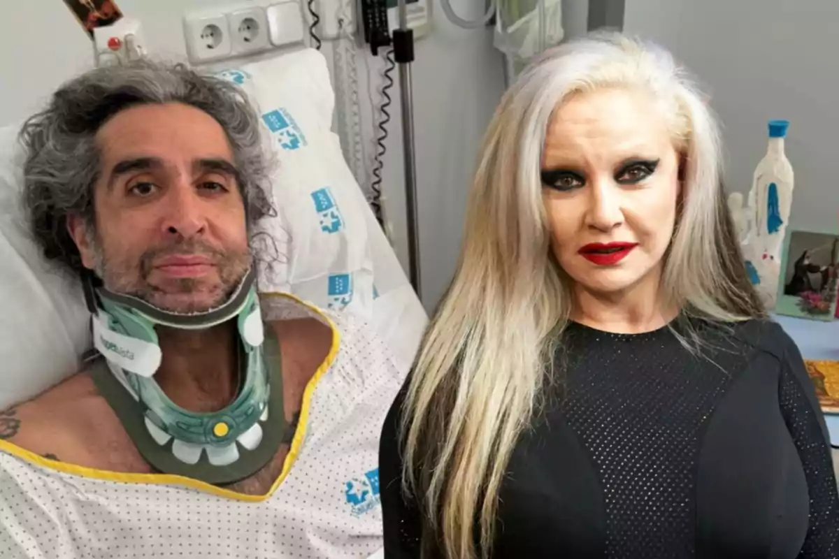 Un hombre con collarín está en una cama de hospital junto a una mujer de cabello rubio y maquillaje oscuro.