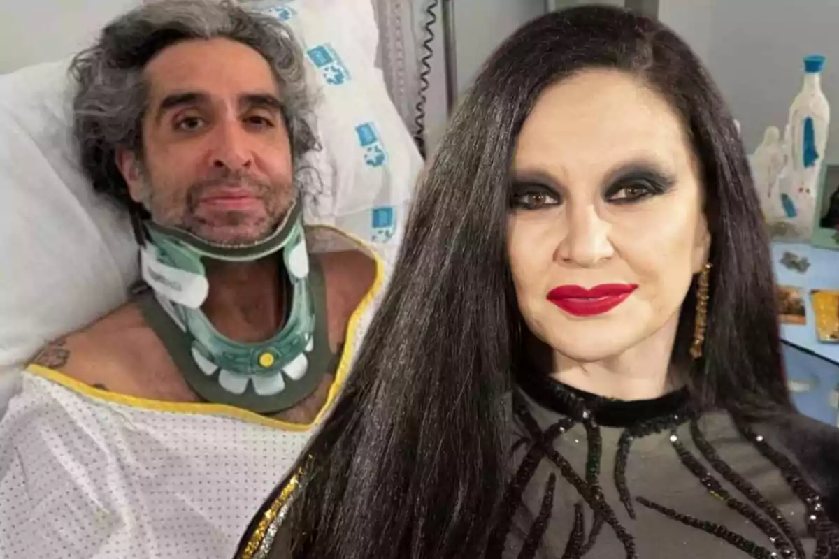 Un hombre en una cama de hospital con un collarín y una mujer con maquillaje oscuro y labios rojos.