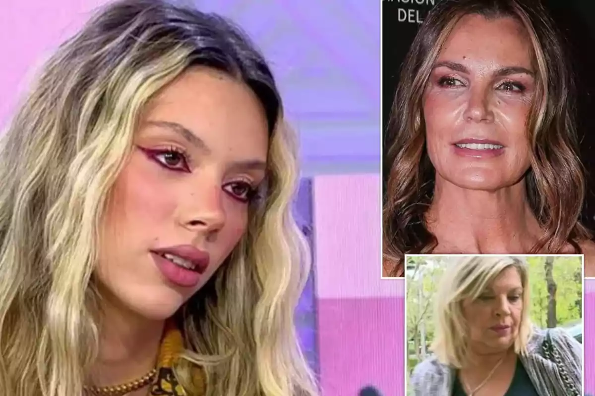 Una mujer joven con cabello rubio y maquillaje llamativo aparece en primer plano mientras dos mujeres mayores están en recuadros más pequeños a la derecha.