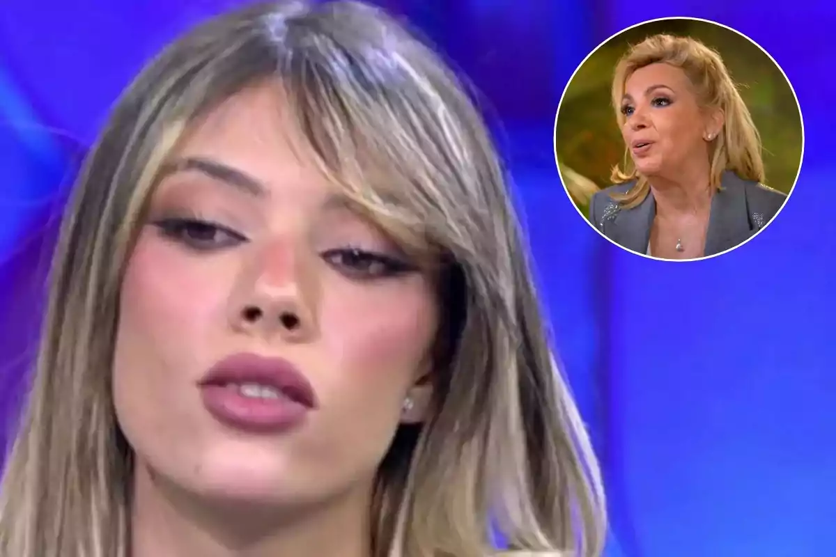 Una mujer joven con cabello rubio y expresión seria aparece en primer plano mientras en un recuadro se muestra a otra mujer rubia mayor con expresión atenta sobre un fondo azul.