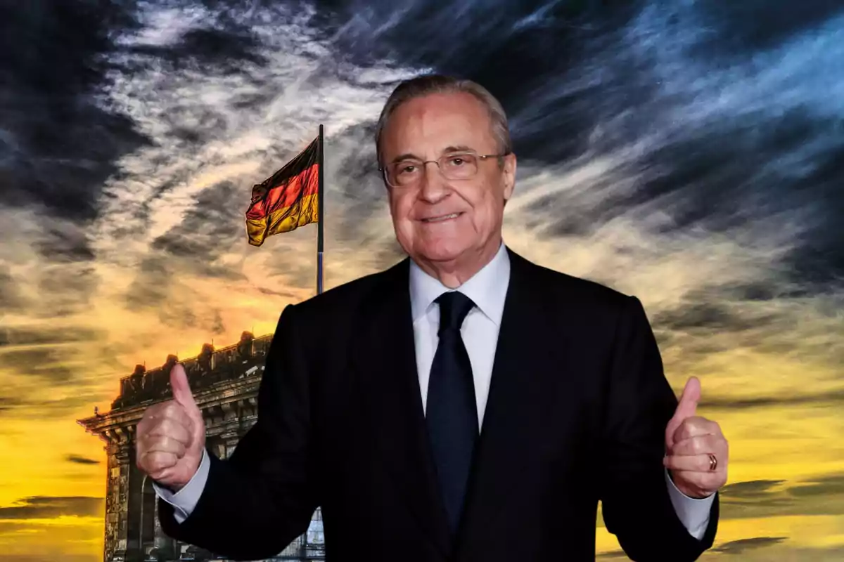 Florentino Pérez con los pulgares arriba y la bandera de Alemania detrás