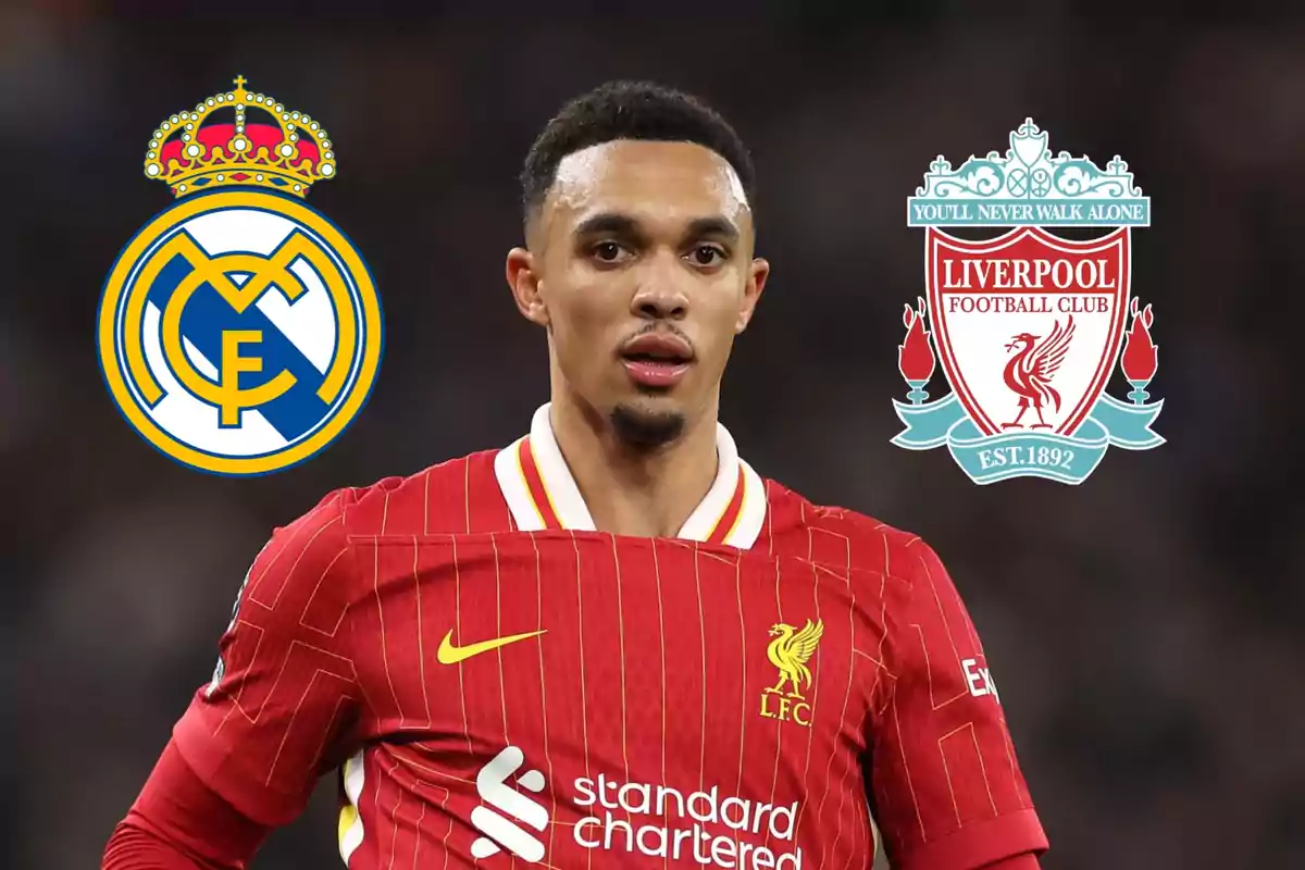 Un jugador de fútbol con la camiseta del Liverpool, con los escudos del Real Madrid y Liverpool a los lados.