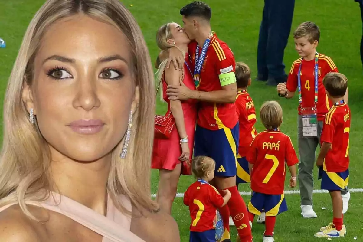 Una mujer rubia con pendientes largos aparece en primer plano mientras en el fondo se ve a un futbolista con uniforme rojo besando a una mujer rubia rodeados de niños con camisetas rojas en un campo de fútbol.