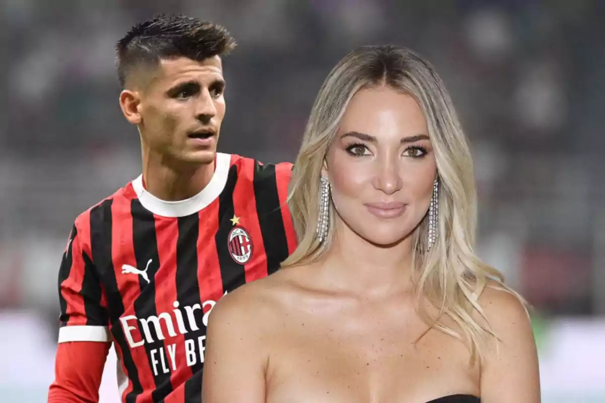 Un jugador de fútbol con uniforme del AC Milan y una mujer rubia con vestido elegante posan juntos.