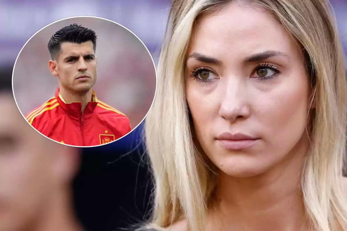 Una mujer rubia con expresión seria y un hombre con uniforme deportivo rojo en un círculo superpuesto.