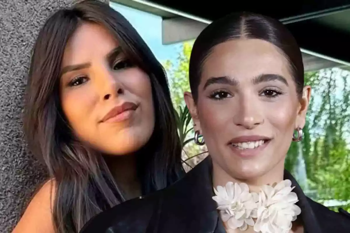 Dos mujeres posando juntas frente a un fondo verde y moderno.