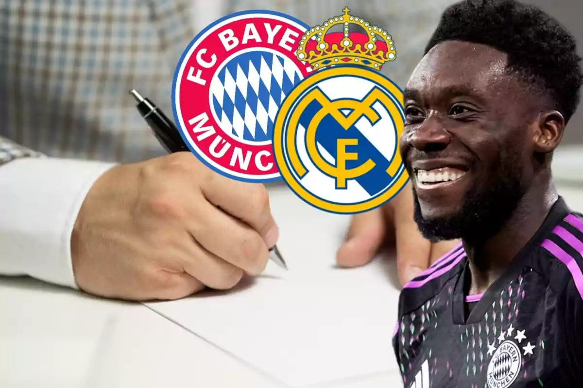 Alphonso Davies con la camiseta negra del Bayern de Múnich sonriendo, junto a los escudos del Bayern de Múnich y del Real Madrid, y de fondo una mano firmando un documento