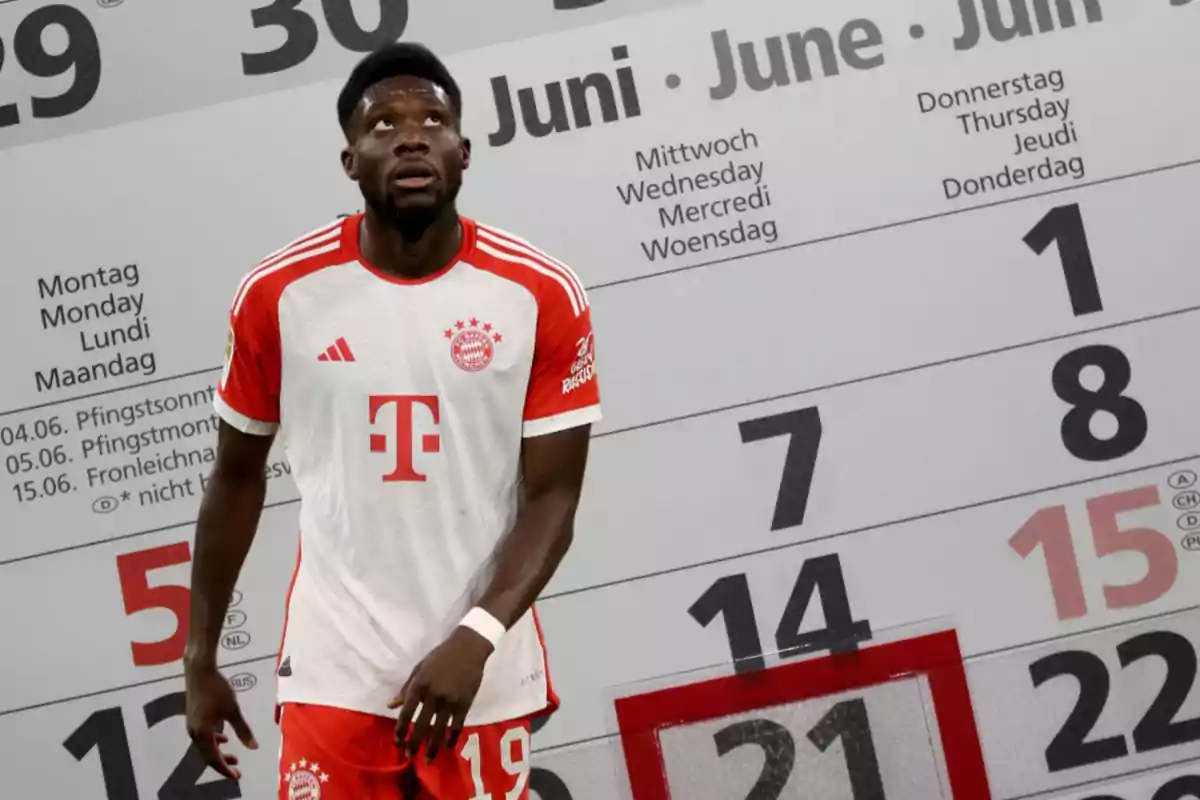 Jugador de fútbol con uniforme del Bayern Múnich frente a un calendario de junio.