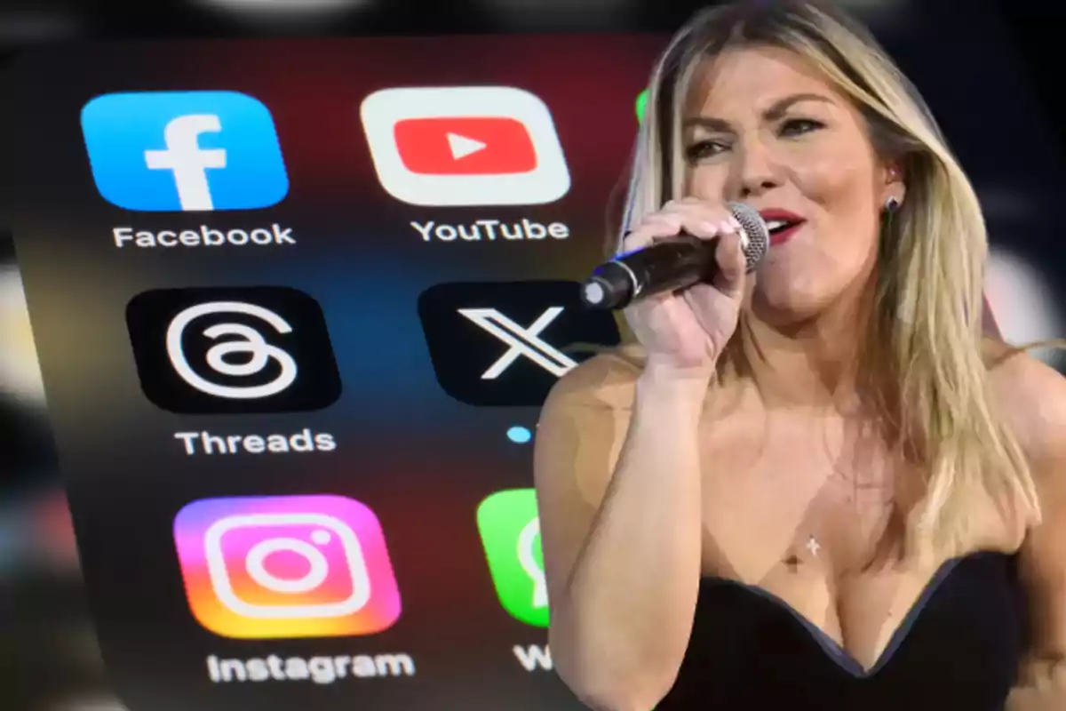 Una mujer cantando con un micrófono frente a un fondo que muestra iconos de aplicaciones de redes sociales como Facebook, YouTube, Threads, X, Instagram y WhatsApp.