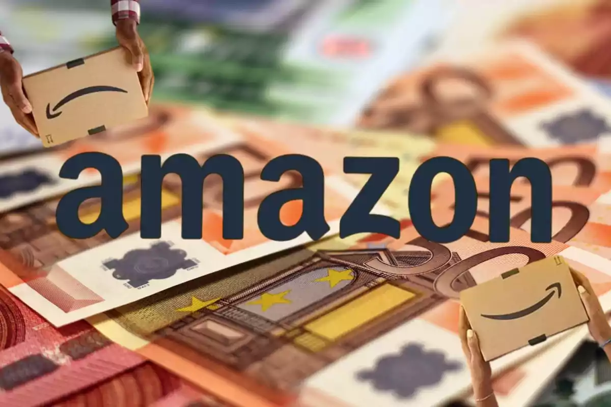 Manos sosteniendo cajas de Amazon sobre billetes de euro con el logo de Amazon en el centro.