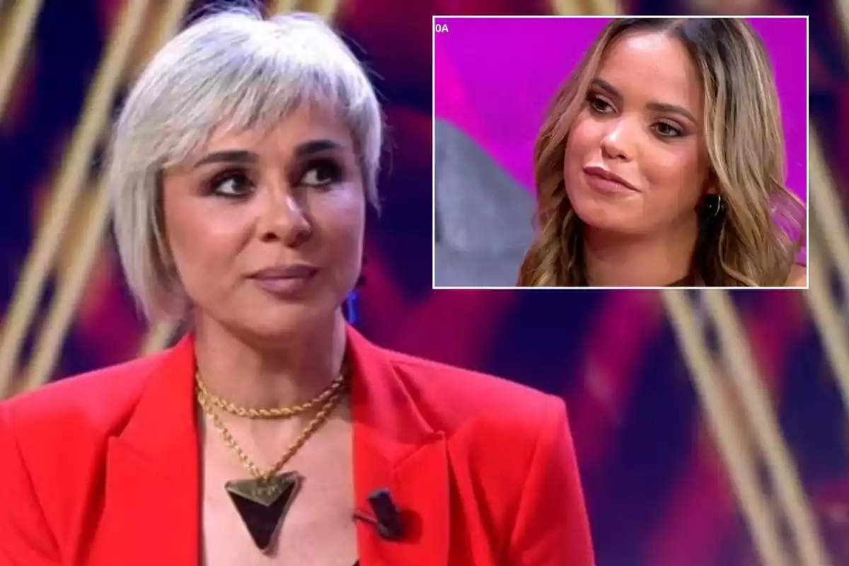 Una mujer de cabello corto y canoso con chaqueta roja y collar dorado aparece en un programa de televisión, mientras que en un recuadro se muestra a otra mujer de cabello largo y castaño claro.