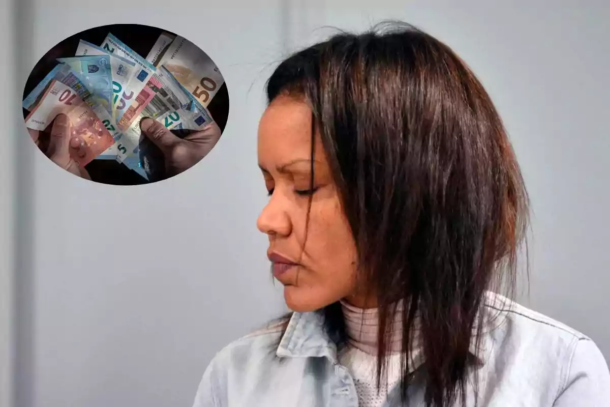 Una mujer de perfil con los ojos cerrados y una imagen superpuesta de manos sosteniendo billetes de euro.