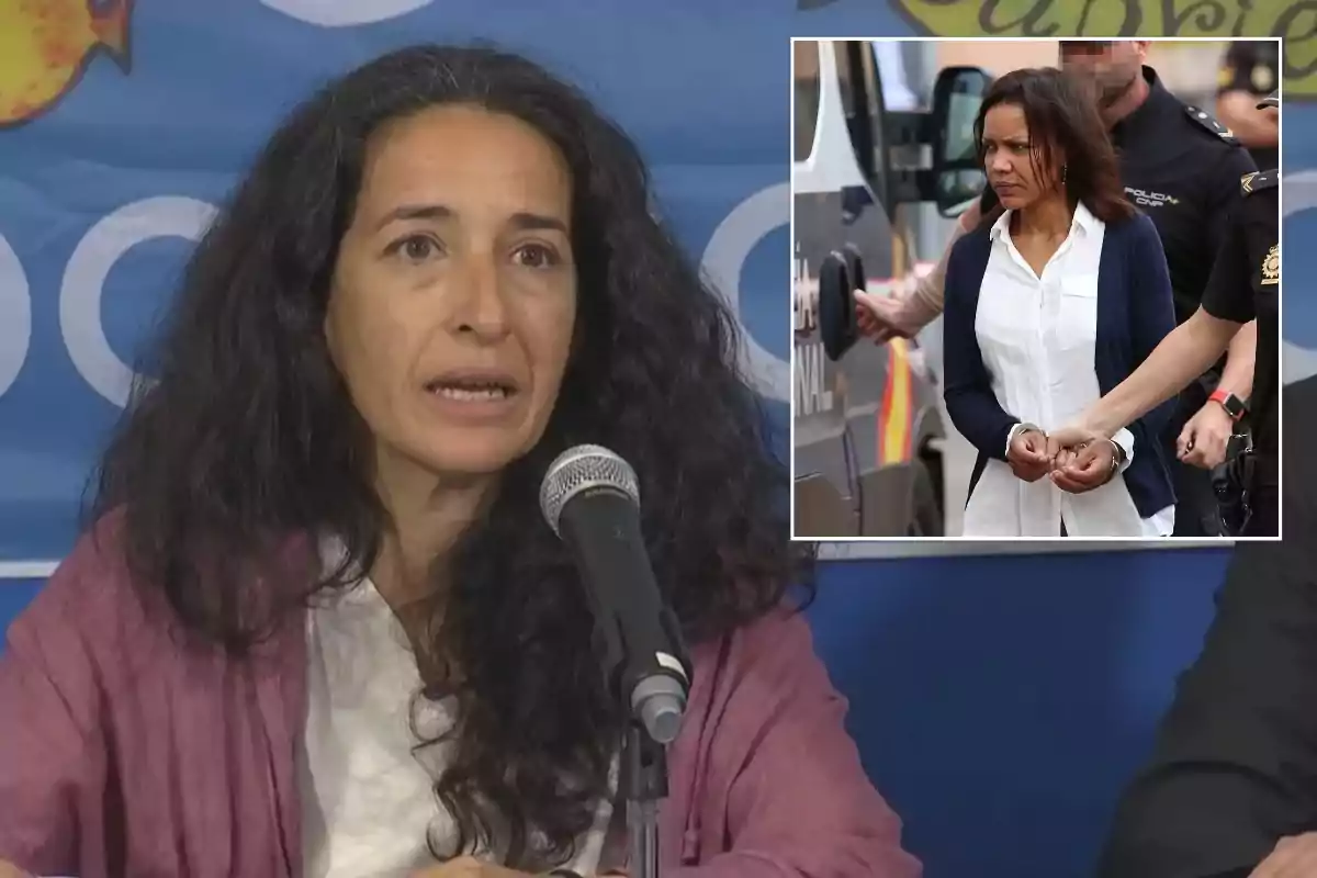 Una mujer de cabello oscuro habla frente a un micrófono con una imagen insertada de otra mujer siendo escoltada por la policía.