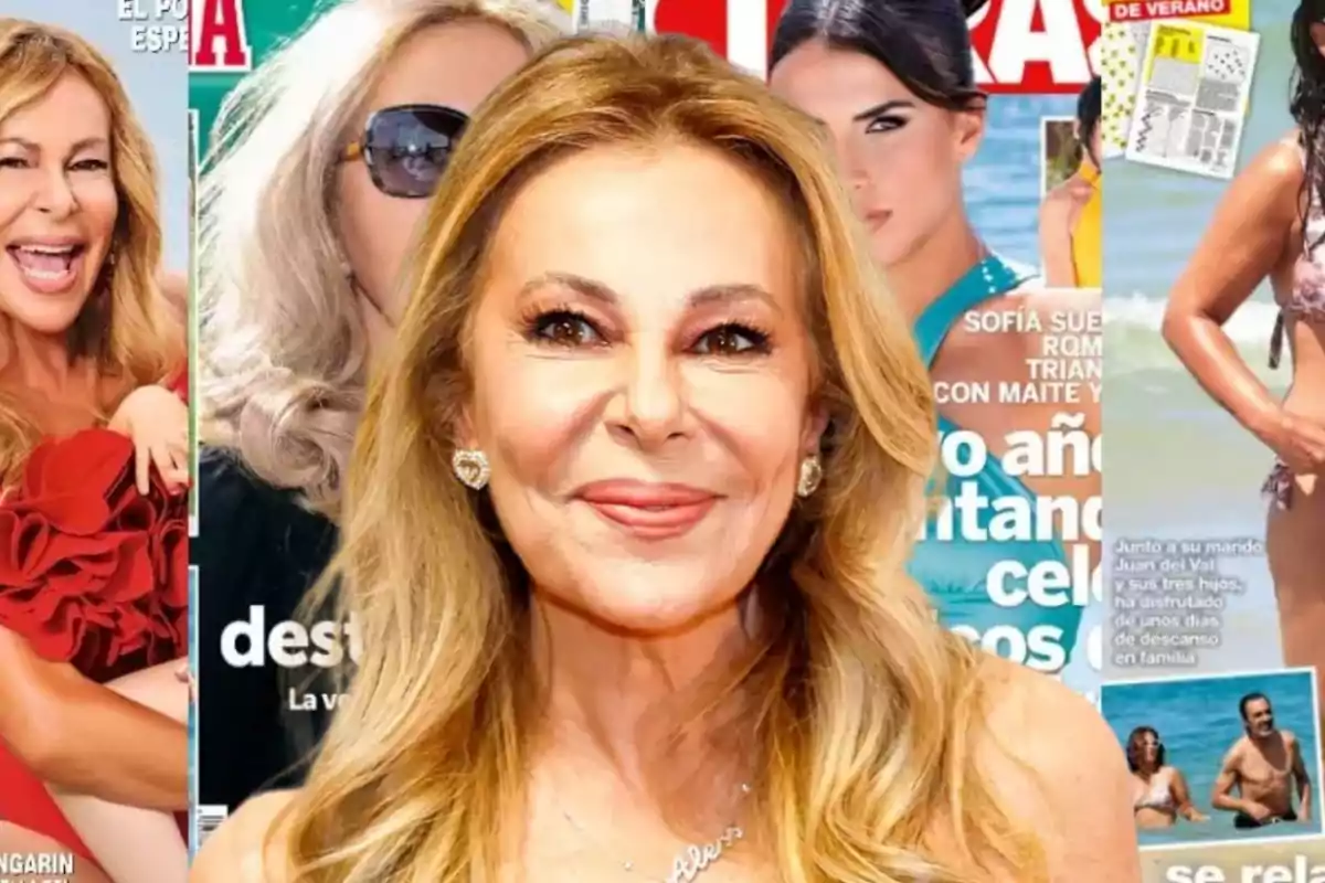 Una mujer sonriente con cabello rubio y aretes brillantes, frente a una serie de portadas de revistas coloridas.