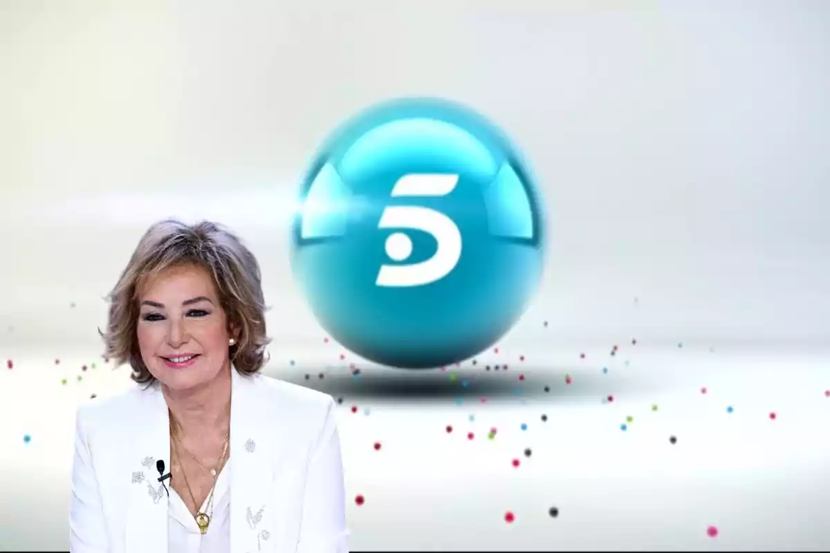 Mujer sonriendo con fondo de logotipo de canal de televisión y confeti.